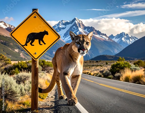 Cougar on road, mountain backdrop