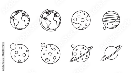 Hand drawn sketch icons of planets earth moon saturn jupiter celestial bodies cosmic objects vector