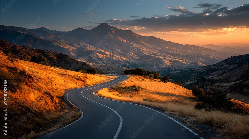 Fototapeta premium Dynamic photograph of a winding asphalt road cutting through a mountain pass during a spectacular golden hour sunset, evoking a sense of journey.