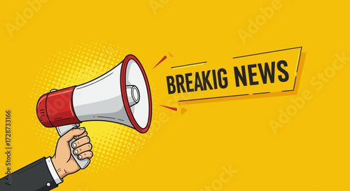 Breaking News Announcement with Megaphone in Hand on Yellow Background Illustration
