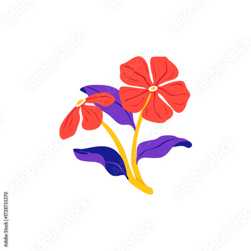 Stylized red flowers with purple leaves and yellow stems on a white background