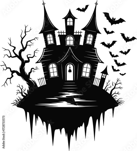Haunted House Silhouette Vector Featuring Gothic Towers, Floating Land, Bats, and Trees for Halloween, Horror, and Spooky Design Themes