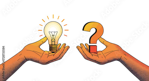 Doubt and Inspiration: Hands Presenting a Light Bulb and Question Mark