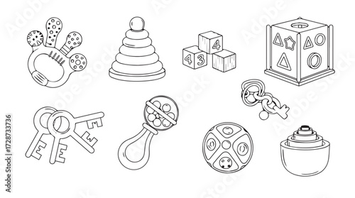 Collection of baby toys and objects drawn in a simple outline style vector