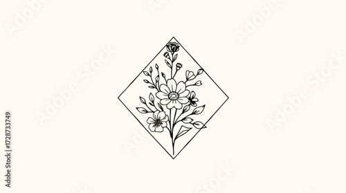 Floral arrangement with daisies and buds inside a diamond shape, presented as a graphic design element.