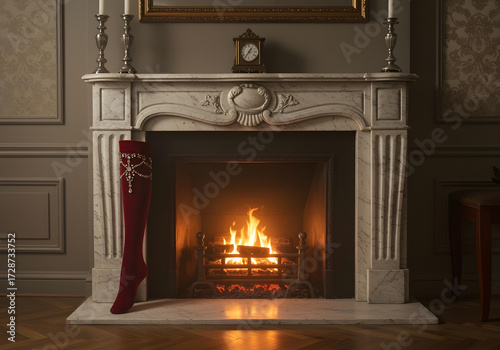 Classic Marble Fireplace with Burning Fire in Elegant Victorian Living Room Interior
