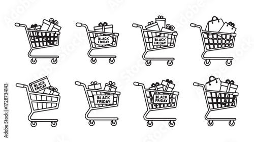 Hand drawn sketch shopping cart icons filled with gifts and sale signs for retail vector
