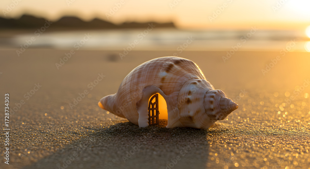 Obraz premium Sunset Action Shot of a Beautiful Sea Shell on Sandy Beach, Nature Photography, Warm Glow, Tranquil Environment, Close-Up View, Serenity Concept