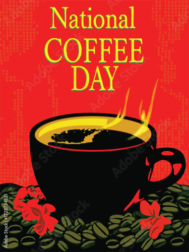 National Coffee Day, poster with a cup of coffee and coffee beans