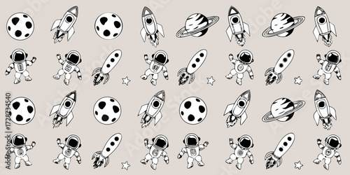 Whimsical hand drawn space pattern featuring astronauts rockets planets and moons on a neutral background