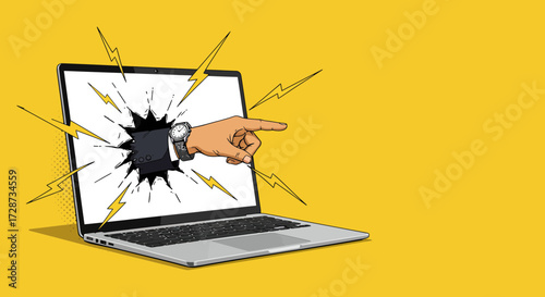 Hand breaking out of laptop screen, concept of emerging technology and innovation