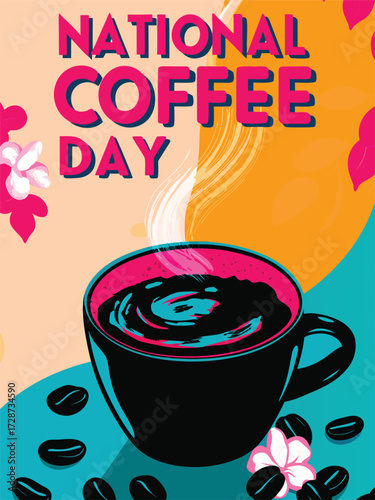 National Coffee Day poster with cup of coffee and flowers. Vector illustration.