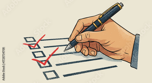 Hand marking checklist boxes with pen indicating completed tasks and survey