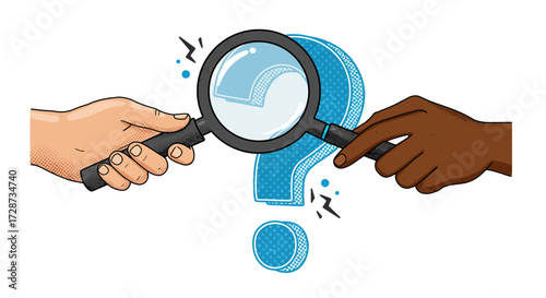Hands holding magnifying glass examining question mark symbolizing investigation