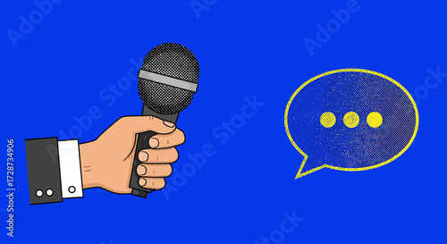 Illustration of a Hand Holding a Microphone Next to a Speech Bubble on Blue Background