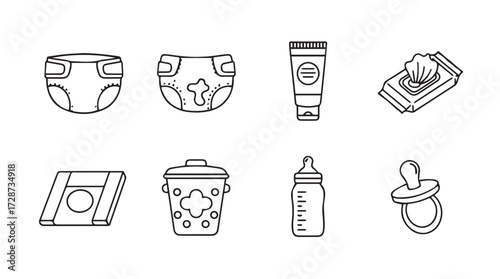 Baby care essentials collection illustrated icons for diapering and feeding time collection vector