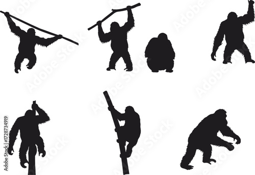 Orangutan silhouettes in different poses, climbing and walking apes, wild primate shadows, jungle animal illustration, black silhouettes isolated on white background