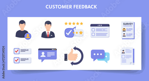 Collection of flat design icons related to customer feedback and ratings