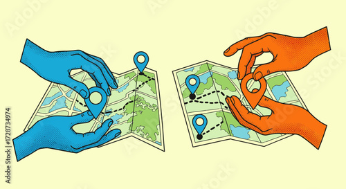 Illustration showcasing hands holding maps and location pins for navigation and travel