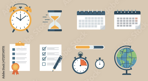 Collection of flat design icons representing time scheduling productivity and global concepts