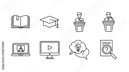 Educational icons set featuring book graduation cap lectern laptop computer brain and magnifying glass vector