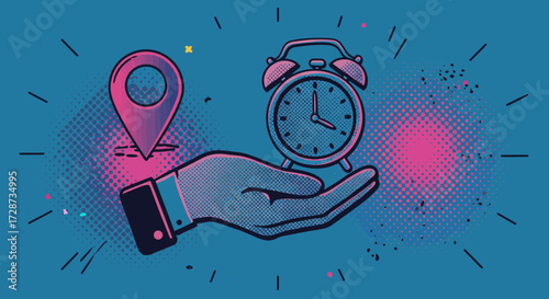 Illustrative hand holding alarm clock and location pin for time management