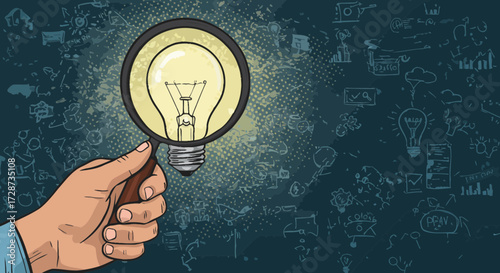 Magnifying Glass Focusing on a Light Bulb, Concept of Idea Discovery