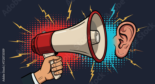 Loud communication concept with megaphone and ear in a vibrant pop art style