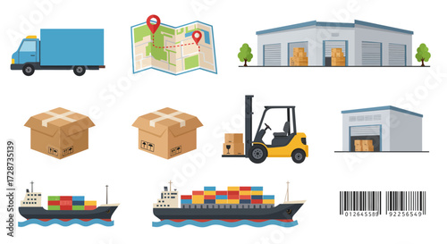 Collection of icons related to logistics shipping warehousing and tracking