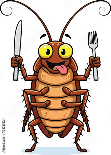 Cartoon cockroach character, yellow eyes, holding knife and fork, smiling insect pose, vector illustration, white background, funny, playful design