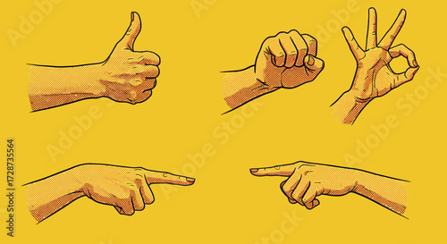 Retro hand gestures illustration with thumb up, fist, ok sign, and pointing fingers