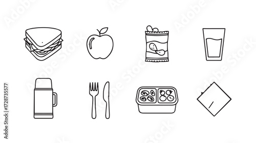 Simple line art icons representing school lunch and picnic essentials vector
