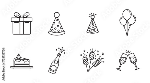 Collection of hand drawn birthday celebration icons featuring gifts hats cake balloons and champagne toast vector