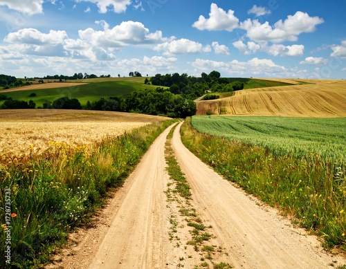 Country road through colorful fields under a sunny sky
