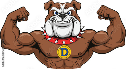 Cartoon muscular bulldog mascot, strong dog character, fierce animal illustration, flexing arms, tough pet vector, sports logo, white background