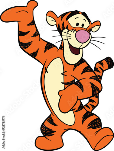 Cartoon Tigger character vector, orange striped animal illustration, cheerful tiger pose, smiling face, white background, kids clipart, playful mascot