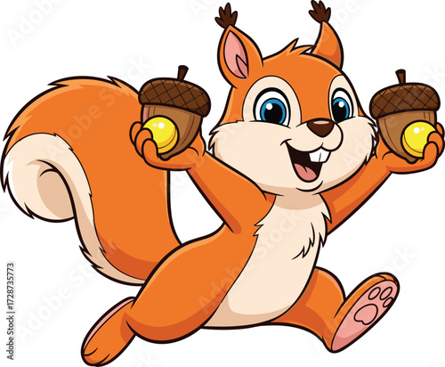 Cartoon squirrel with acorns, orange fur animal, blue eyes, smiling character, vector illustration, white background, playful pose, children’s design