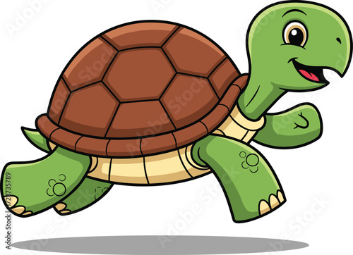 Cartoon turtle running, energetic pose, green shell animal, smiling character, vector illustration, white background, fast motion, funny expression