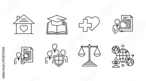Set of simple line art icons representing social services education health justice and global issues vector