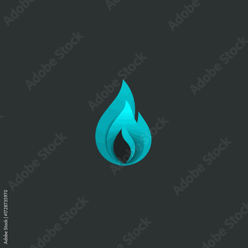Cyan flame icon with layered effect on dark gray background, centered in the composition