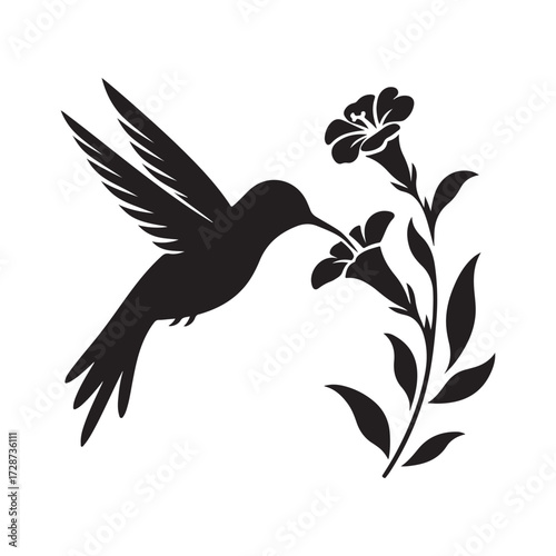 hummingbird sipping from flower vector silhouette clip art logo design illustration