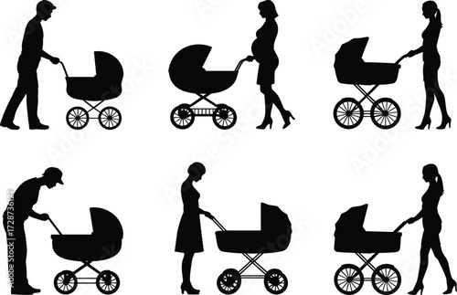 Parent and Baby Stroller Silhouette Vector Set Featuring Diverse Figures for Family, Caregiving, Motherhood, Fatherhood, and Parenting Design Themes