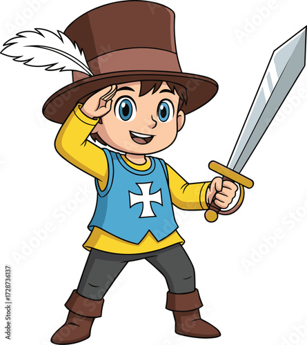 Cartoon, knight, character, sword, salute, medieval, adventurer, blue, tunic, feather, hat, boots, cheerful, vector, illustration, costume, fantasy, hero, white, background