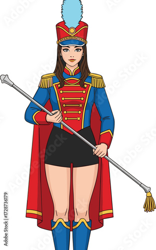 Cartoon, majorette, uniform, parade, baton, costume, red, blue, gold, boots, cape, plume, hat, marching, band, character, vector, illustration, formal, background
