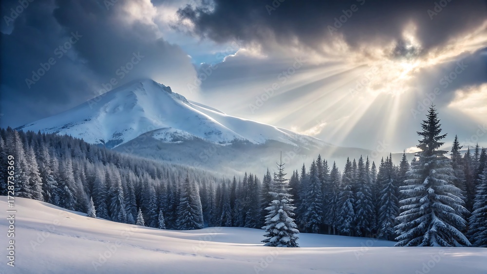 Fototapeta premium Majestic winter mountain landscape with snow covered pine forest and sunlight rays breaking clouds 