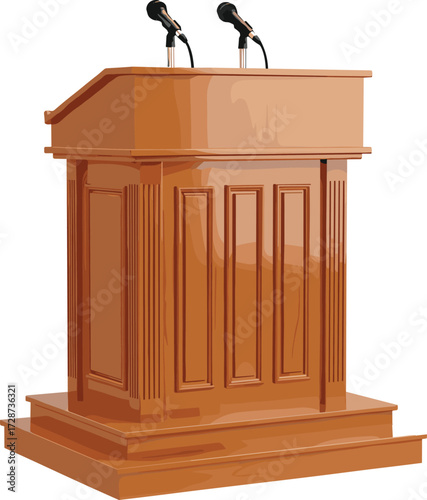 Wooden podium with microphones, classic design, public speaking stage, vector illustration, white background, conference, political event, speech presentation