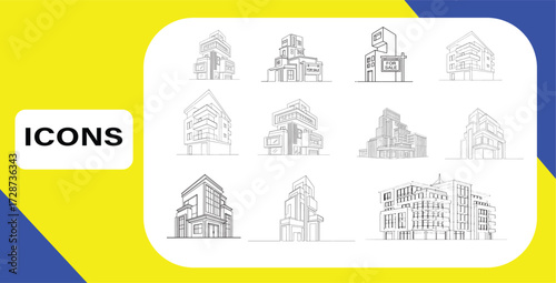 Set of building outline icons. Vector illustrations of modern architecture and urban real estate properties for design