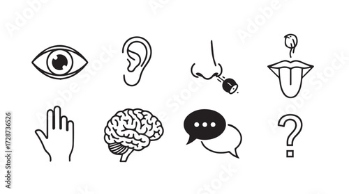 Set of five senses icons including eye ear nose mouth hand brain speech bubbles and question mark vector