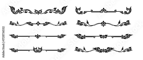Set of Thai Decorative Borders and Dividers, Traditional Kanok Art Line Ornaments Vector Collection