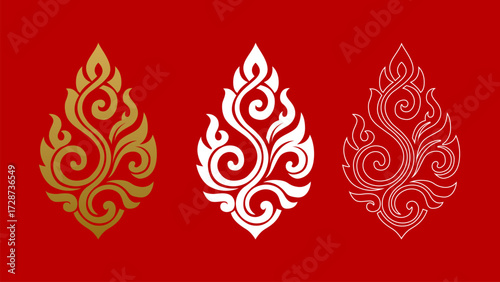 Thai Kanok Flame Motif Set Solid, Outline, and Inverse Styles